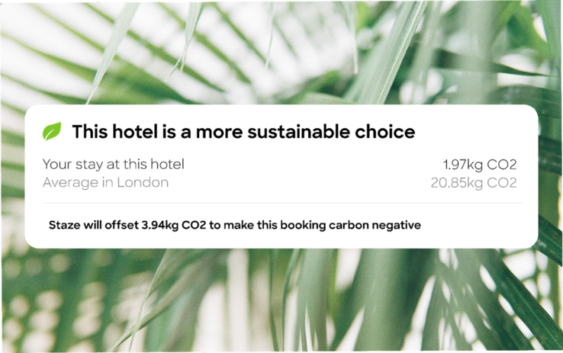 Each hotel on Staze displays a CO2 card, showing its footprint versus the local average